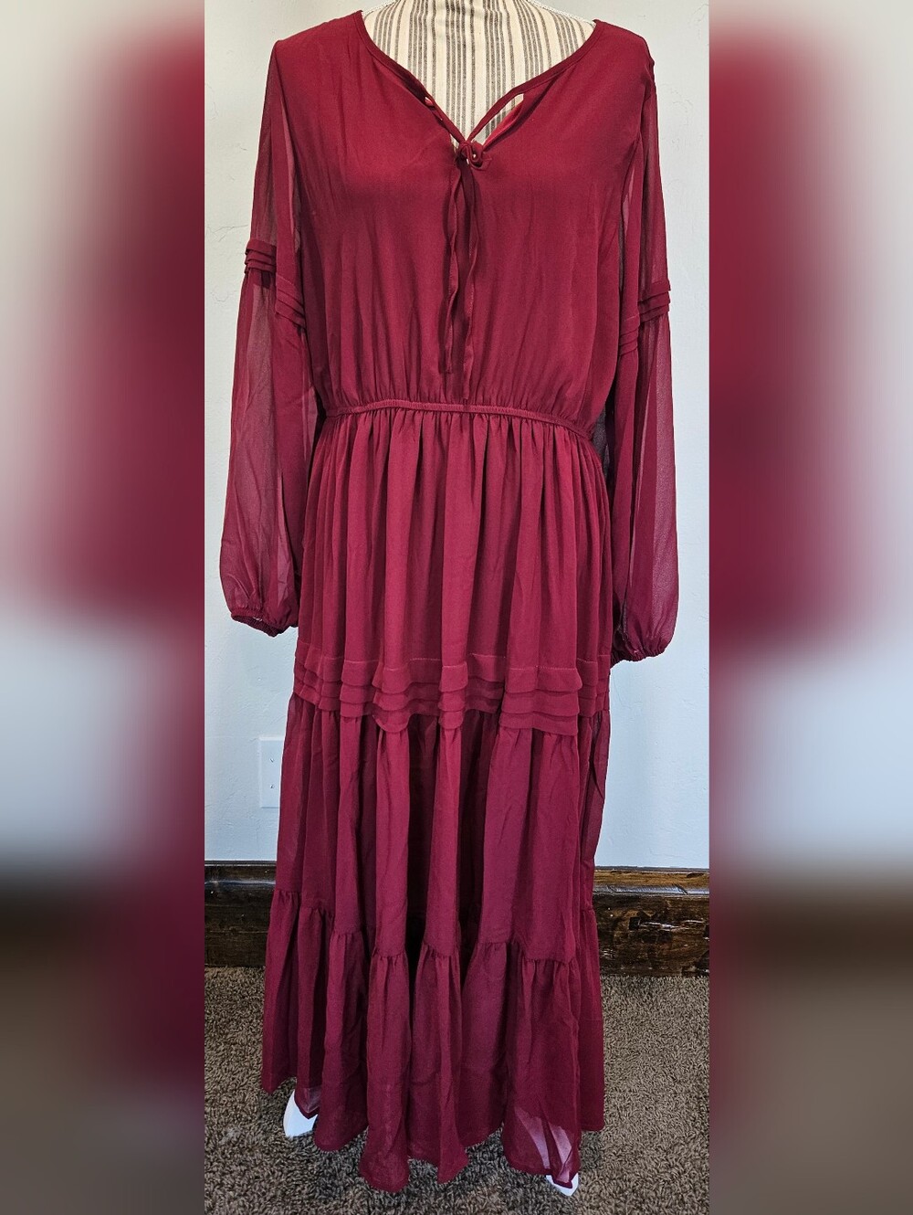 Women's Maxi Tiered Peasant Dress in Wine Red